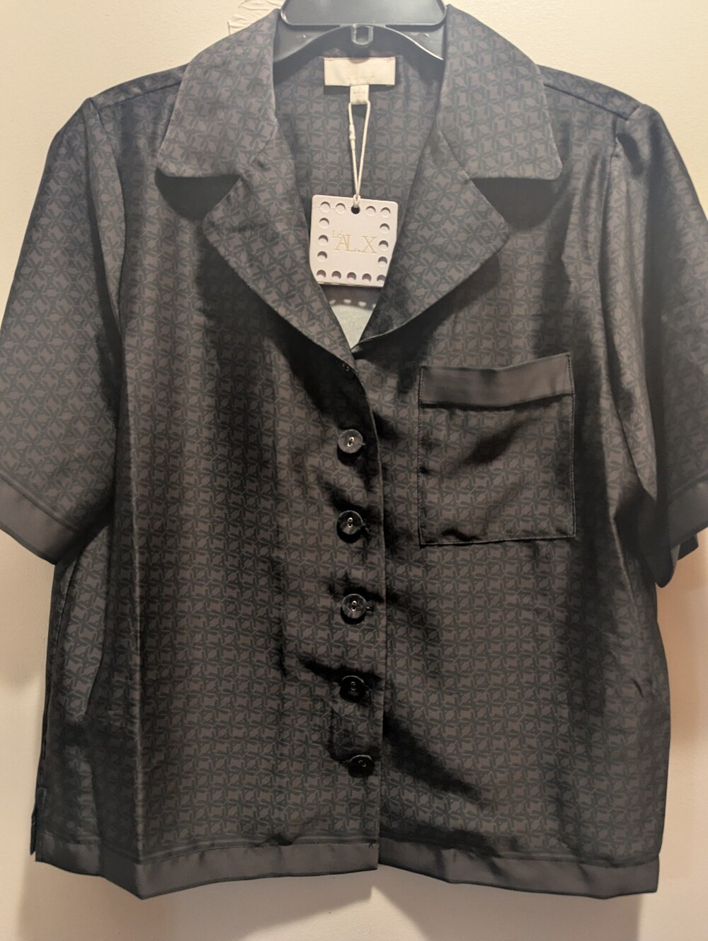 Le AL.X Women's Small Satin Brown And Black Short-Sleeve Button-Up Shirt NWT